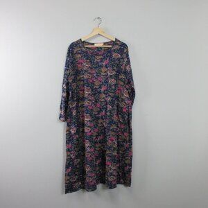 La Cera Women's Floral Midi Shift Dress 2X Blue Cotton Pockets Nightgown 348